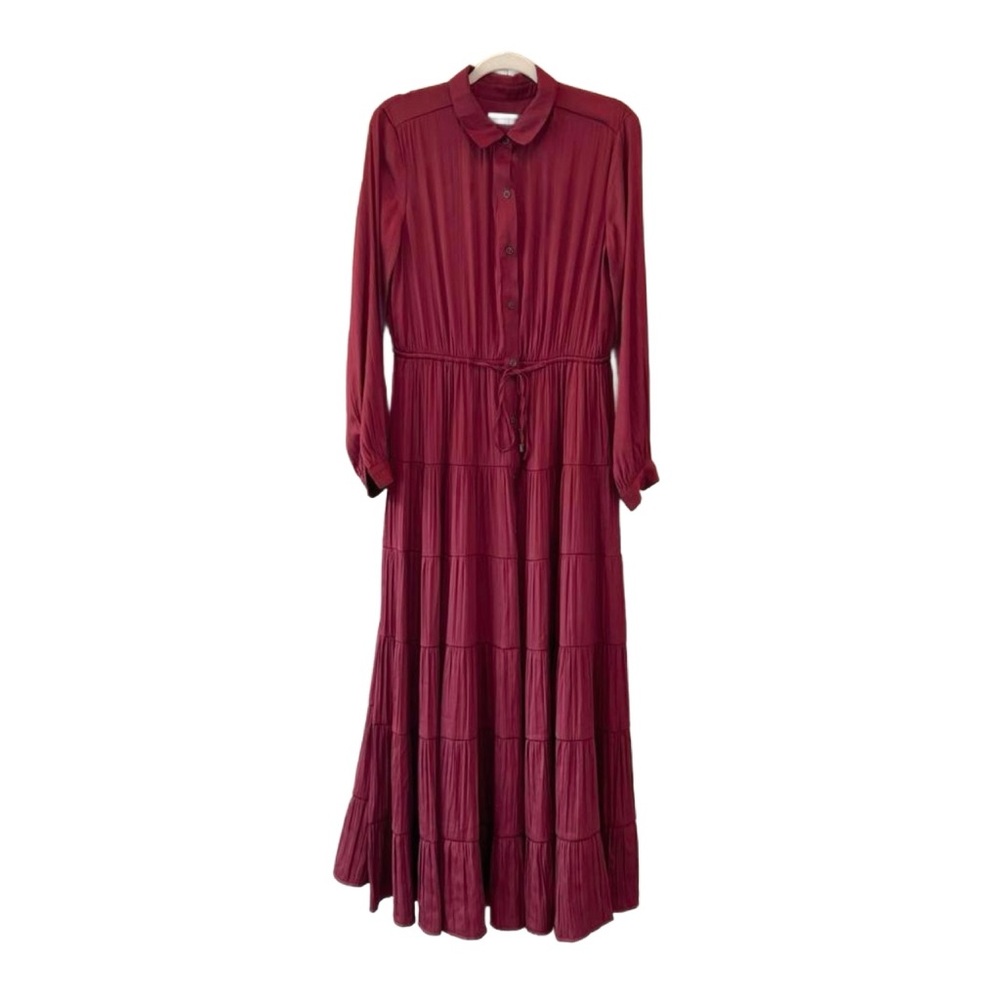NEW Anthropologie Satin Tiered Button-Front Adjustable Maxi Dress, Red, Medium - Picture 2 of 12